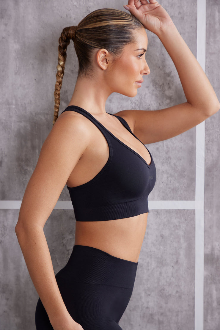 In Check - Plunge Neck Sports Bra in Jet Black