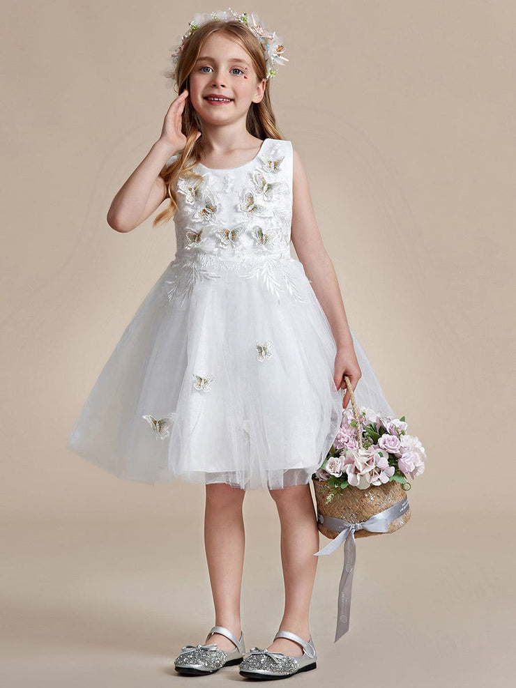 Butterfly Embroidered Sleeveless Tulle Flower Girl Dress