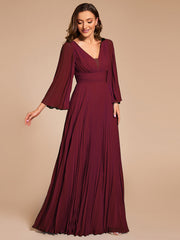 Custom Size Deep V-neck A-line Ruffles Sleeves Floor Length Chiffon Evening Dress