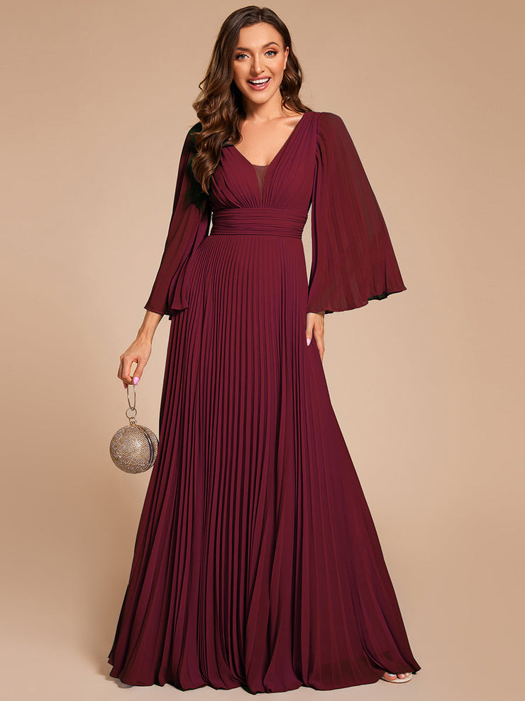 Custom Size Deep V-neck A-line Ruffles Sleeves Floor Length Chiffon Evening Dress