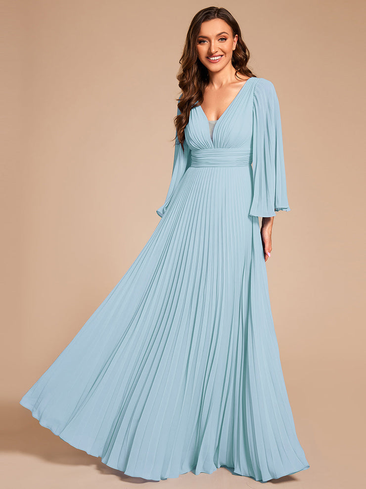 Custom Size Deep V-neck A-line Ruffles Sleeves Floor Length Chiffon Evening Dress