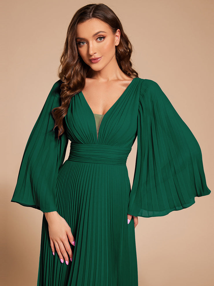 Custom Size Deep V-neck A-line Ruffles Sleeves Floor Length Chiffon Evening Dress