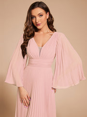 Custom Size Deep V-neck A-line Ruffles Sleeves Floor Length Chiffon Evening Dress