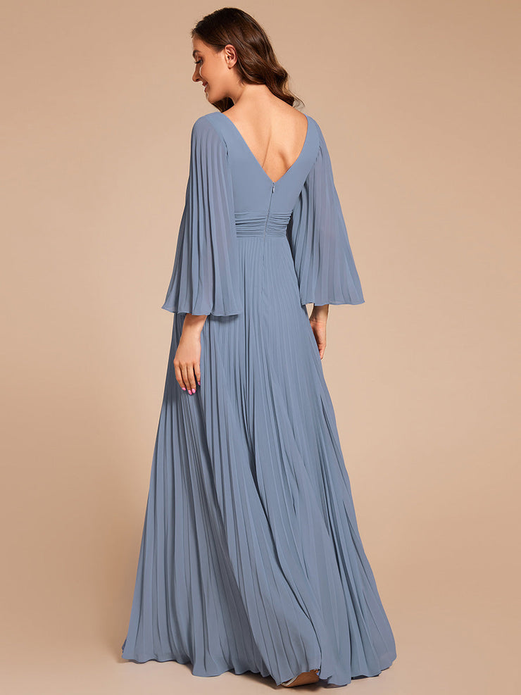 Custom Size Deep V-neck A-line Ruffles Sleeves Floor Length Chiffon Evening Dress