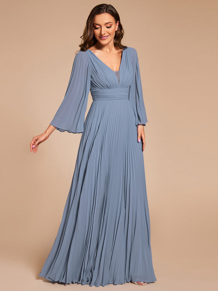 Custom Size Deep V-neck A-line Ruffles Sleeves Floor Length Chiffon Evening Dress