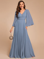 Custom Size Deep V-neck A-line Ruffles Sleeves Floor Length Chiffon Evening Dress