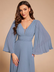 Custom Size Deep V-neck A-line Ruffles Sleeves Floor Length Chiffon Evening Dress