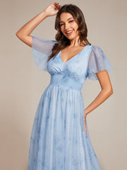 A-Line Floral Tulle V-Neck Evening Dress with Short Sleeve