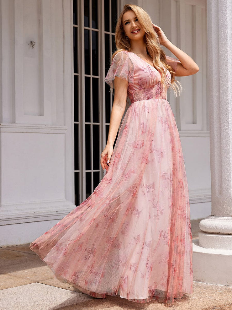 A-Line Floral Tulle V-Neck Evening Dress with Short Sleeve