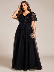 A-Line Short Sleeve Tulle Evening Dress with Sequin Embellishments