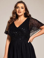 A-Line Short Sleeve Tulle Evening Dress with Sequin Embellishments