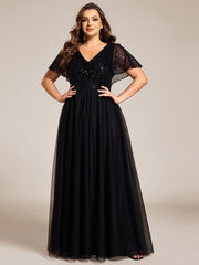 A-Line Short Sleeve Tulle Evening Dress with Sequin Embellishments