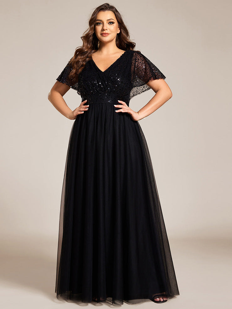 A-Line Short Sleeve Tulle Evening Dress with Sequin Embellishments