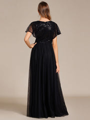 A-Line Short Sleeve Tulle Evening Dress with Sequin Embellishments