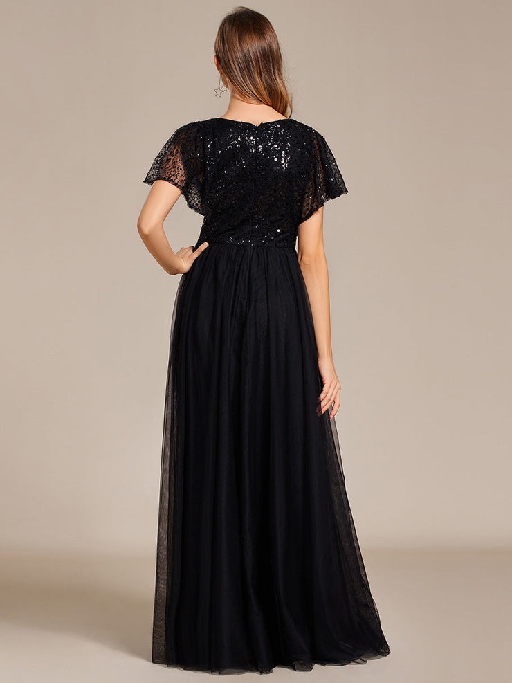 A-Line Short Sleeve Tulle Evening Dress with Sequin Embellishments