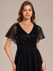 A-Line Short Sleeve Tulle Evening Dress with Sequin Embellishments