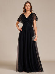 A-Line Short Sleeve Tulle Evening Dress with Sequin Embellishments