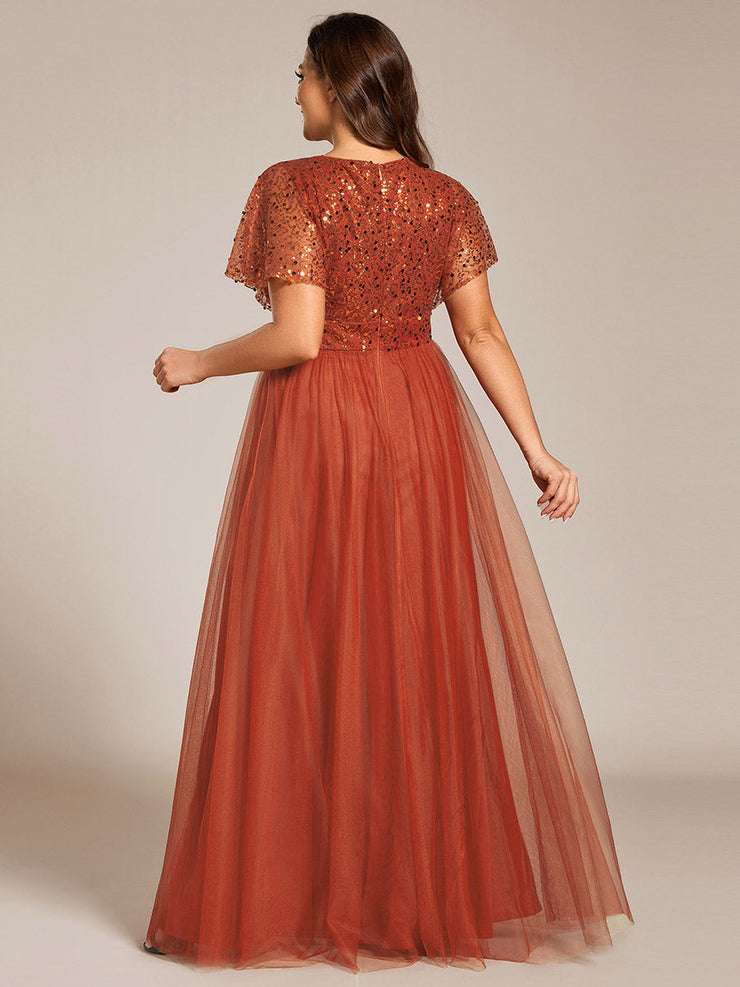 A-Line Short Sleeve Tulle Evening Dress with Sequin Embellishments