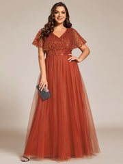 A-Line Short Sleeve Tulle Evening Dress with Sequin Embellishments