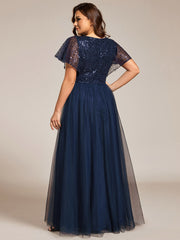 A-Line Short Sleeve Tulle Evening Dress with Sequin Embellishments