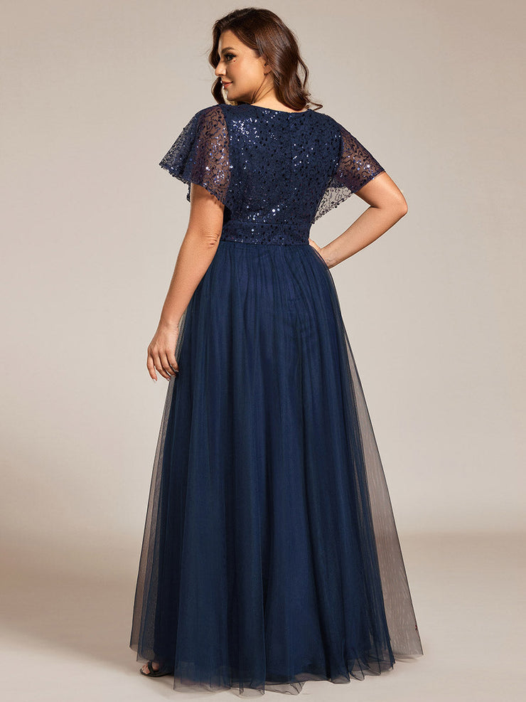 A-Line Short Sleeve Tulle Evening Dress with Sequin Embellishments