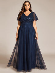 A-Line Short Sleeve Tulle Evening Dress with Sequin Embellishments