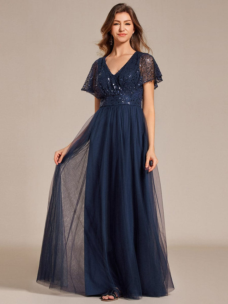 A-Line Short Sleeve Tulle Evening Dress with Sequin Embellishments