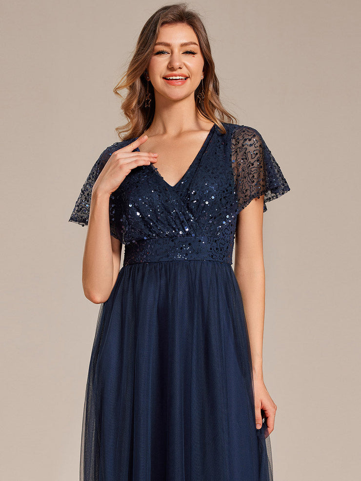 A-Line Short Sleeve Tulle Evening Dress with Sequin Embellishments