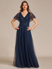 A-Line Short Sleeve Tulle Evening Dress with Sequin Embellishments