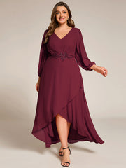 Chiffon Long Sleeve High-Low Evening Dress with Waist Applique