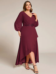 Chiffon Long Sleeve High-Low Evening Dress with Waist Applique