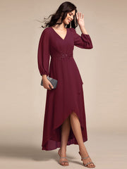 Chiffon Long Sleeve High-Low Evening Dress with Waist Applique