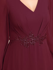 Chiffon Long Sleeve High-Low Evening Dress with Waist Applique