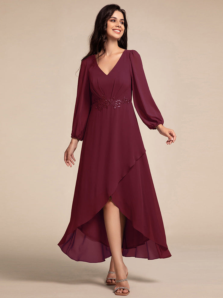 Chiffon Long Sleeve High-Low Evening Dress with Waist Applique