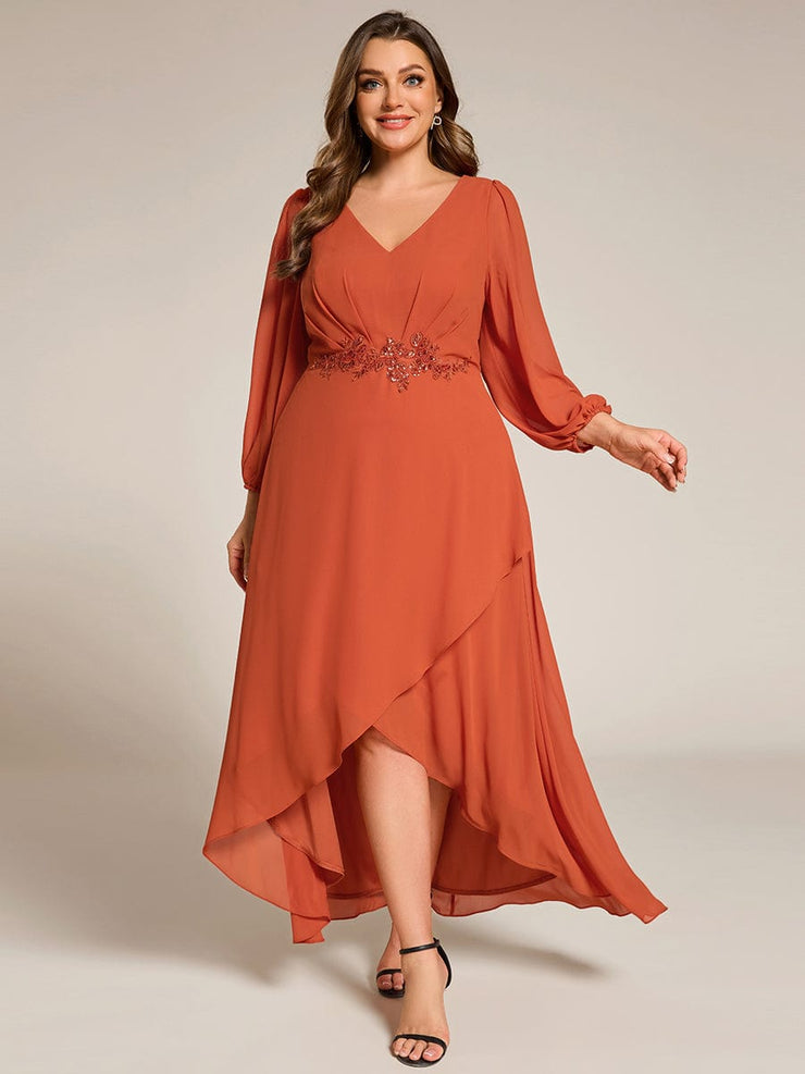 Chiffon Long Sleeve High-Low Evening Dress with Waist Applique