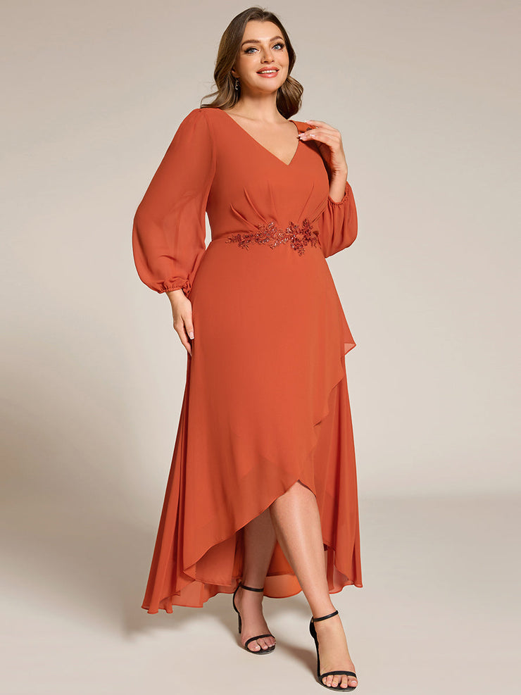 Chiffon Long Sleeve High-Low Evening Dress with Waist Applique