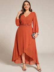 Chiffon Long Sleeve High-Low Evening Dress with Waist Applique