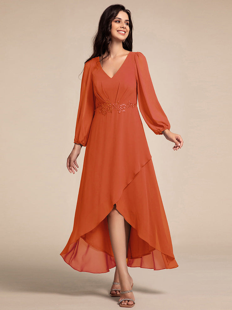 Chiffon Long Sleeve High-Low Evening Dress with Waist Applique