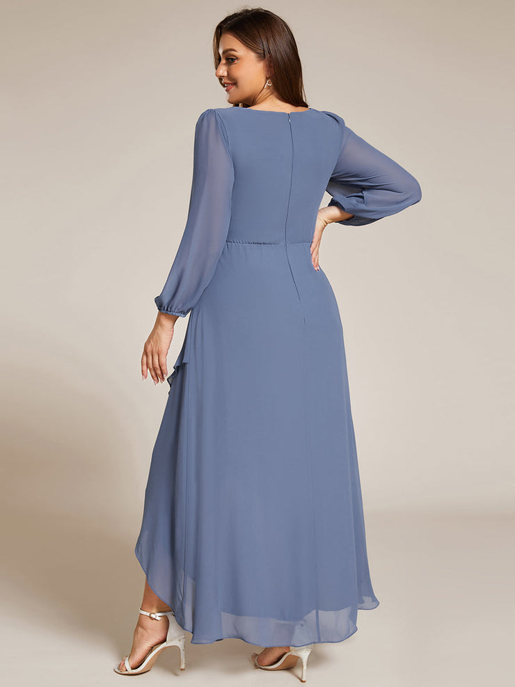 Chiffon Long Sleeve High-Low Evening Dress with Waist Applique