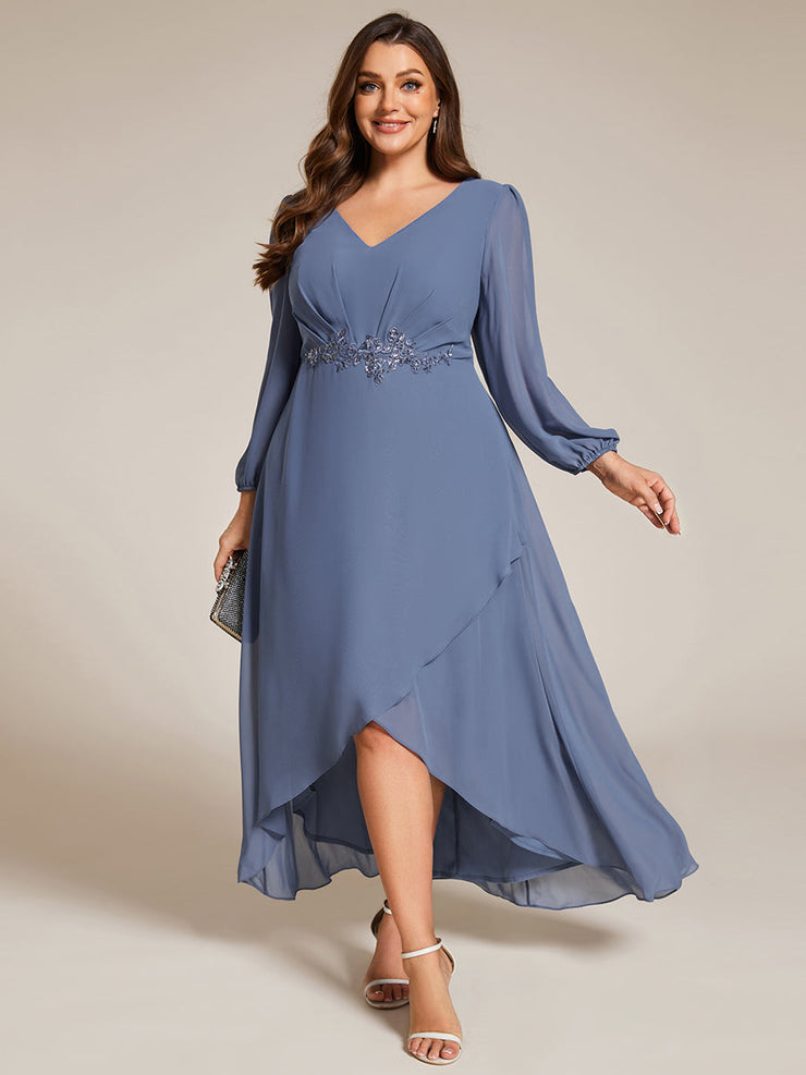 Chiffon Long Sleeve High-Low Evening Dress with Waist Applique