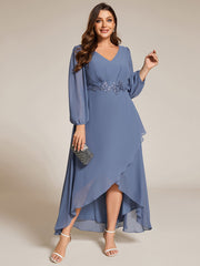 Chiffon Long Sleeve High-Low Evening Dress with Waist Applique