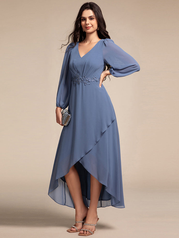 Chiffon Long Sleeve High-Low Evening Dress with Waist Applique