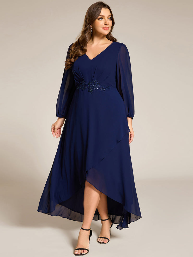 Chiffon Long Sleeve High-Low Evening Dress with Waist Applique