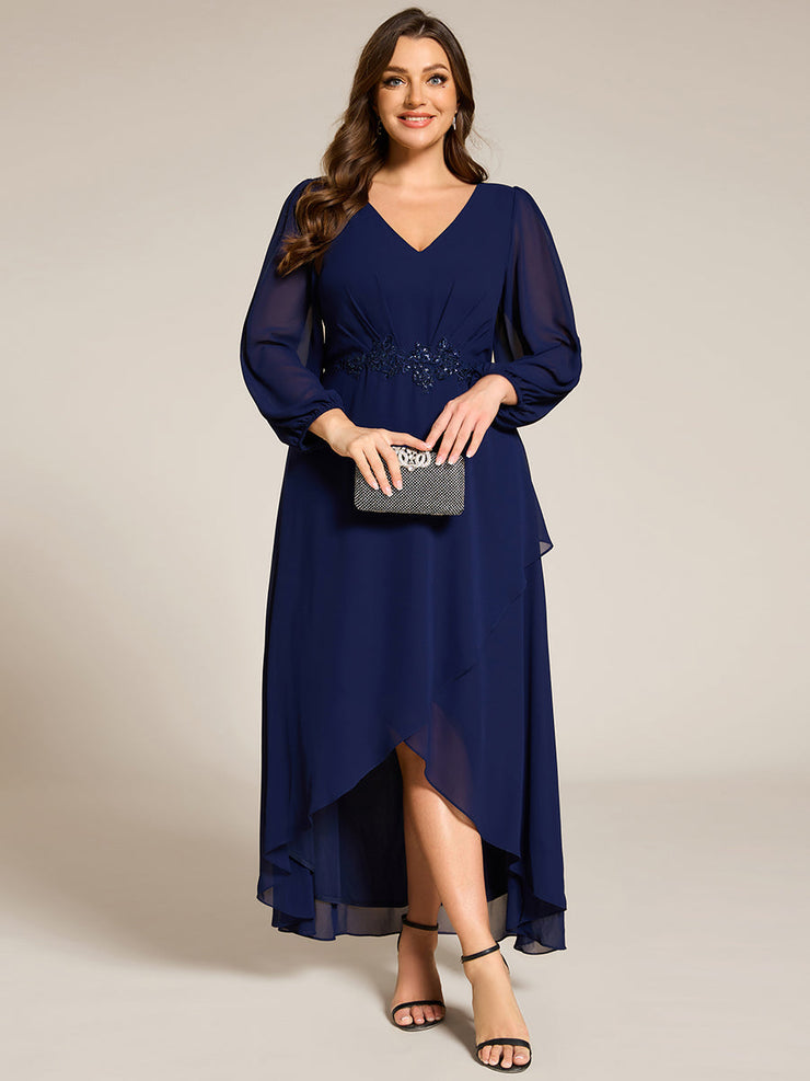 Chiffon Long Sleeve High-Low Evening Dress with Waist Applique