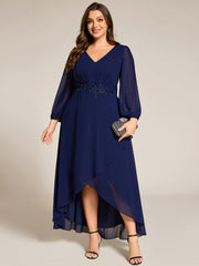 Chiffon Long Sleeve High-Low Evening Dress with Waist Applique