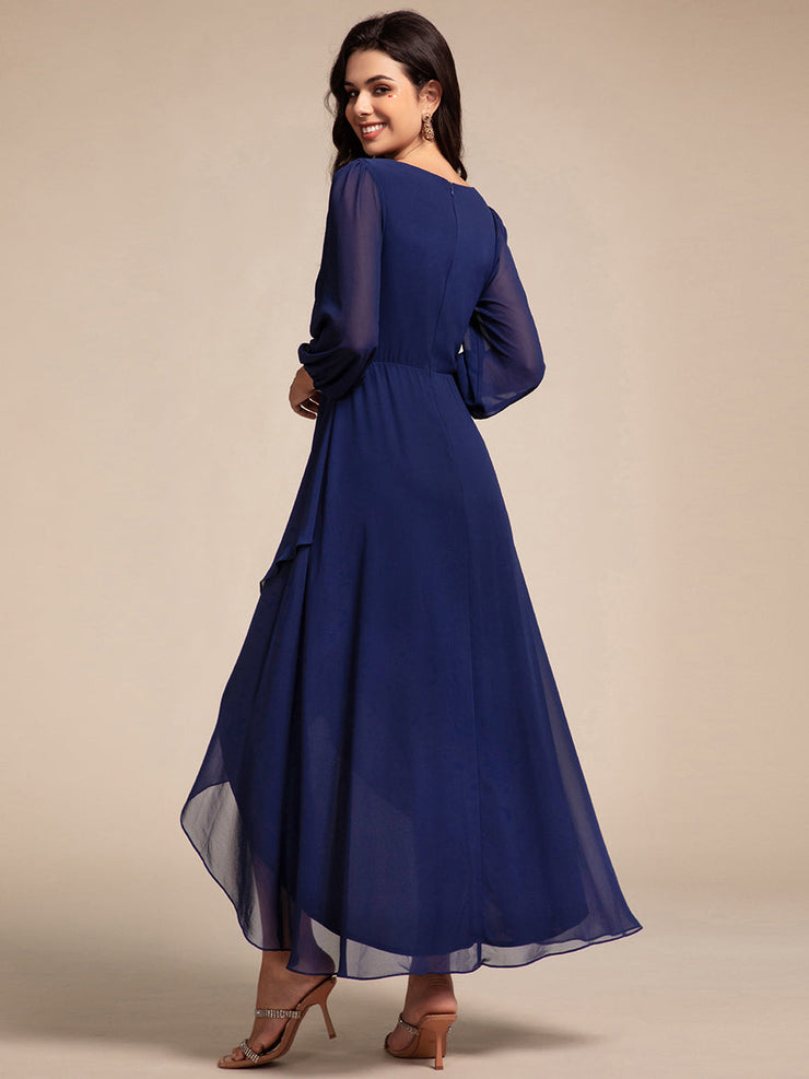 Chiffon Long Sleeve High-Low Evening Dress with Waist Applique