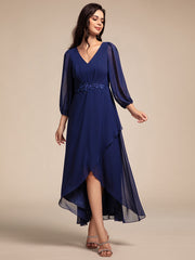 Chiffon Long Sleeve High-Low Evening Dress with Waist Applique