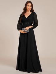 Chiffon Long Sleeve Empire Waist Maxi Evening Dress with Pleated Detailing