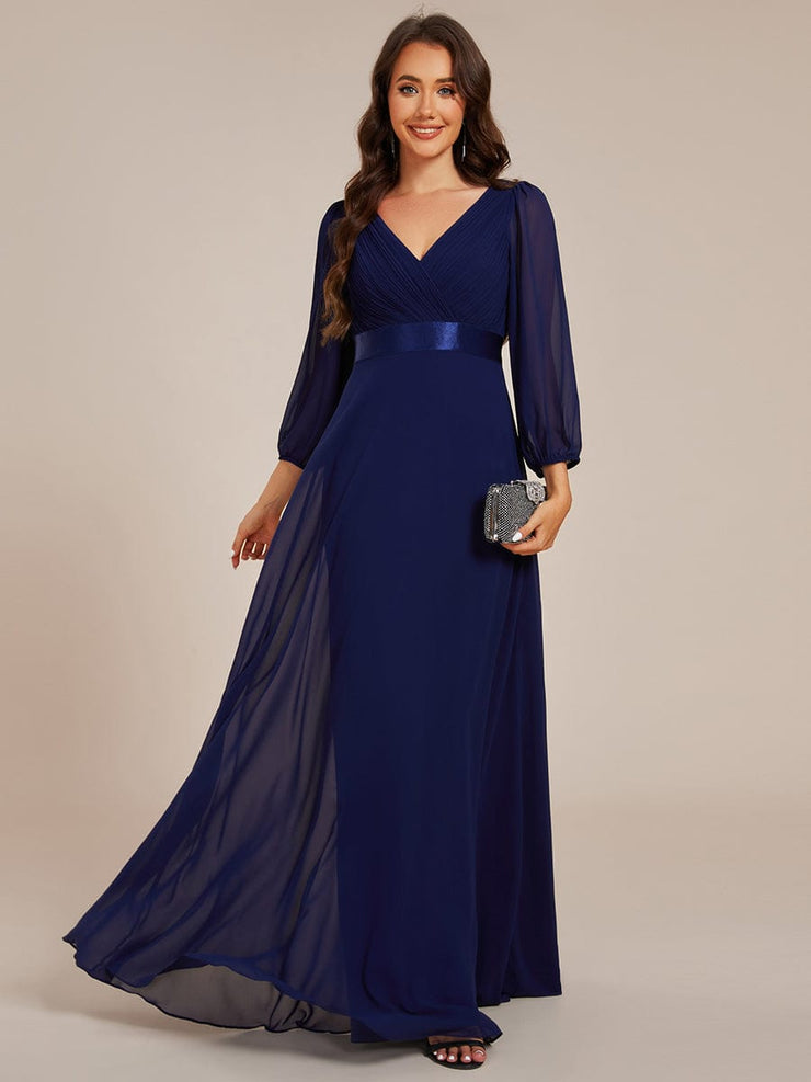 Chiffon Long Sleeve Empire Waist Maxi Evening Dress with Pleated Detailing