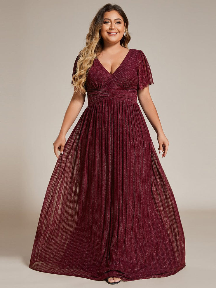 Plus Size Sparkle Short Sleeves Formal Evening Dress with V-Neck